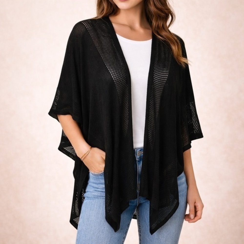 Vince Camuto Black Open-Front Knit Shawl Cardigan Wrap Duster One Size